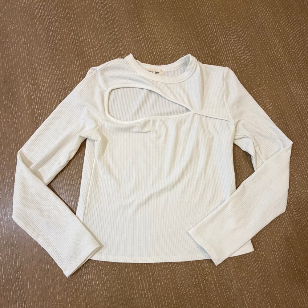 Cream Ribbed Long-Sleeve Top with Asymmetric Cutout